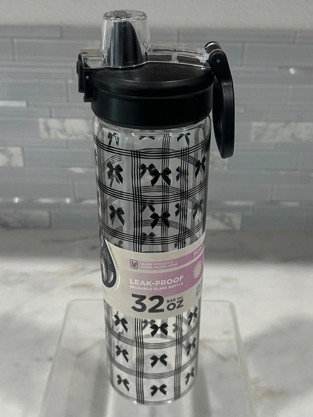 Glass Push 32 oz Reusable Leak-Proof Glass Water Bottle - Black Bow Pattern